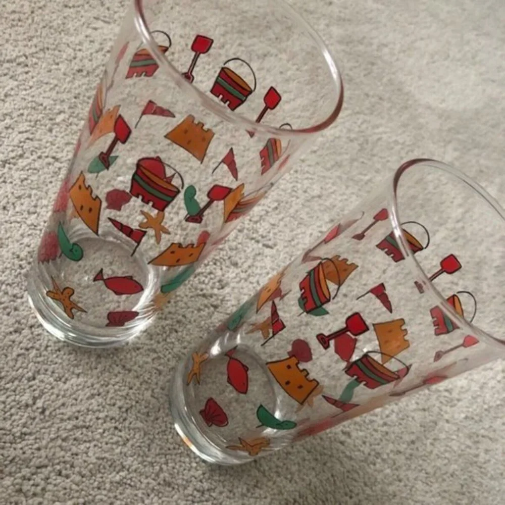 Vintage Sandcastle Bucket Bird Fish‎ HIGHBALL GLASSES (2) OCEAN BARWARE